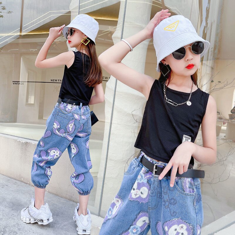 Teenage Girls Cartoon Jeans Children Elastic Waist Denim Pants Kids Girls Trousers jeans Clothes 6 8 10 12 14