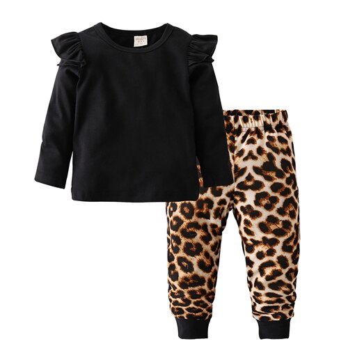 Cool baby piger tøj sæt bomuld langærmet sorte toppe + leopard bukser afslappet lille barn 2 stk nyfødte baby piger tøj: 12m