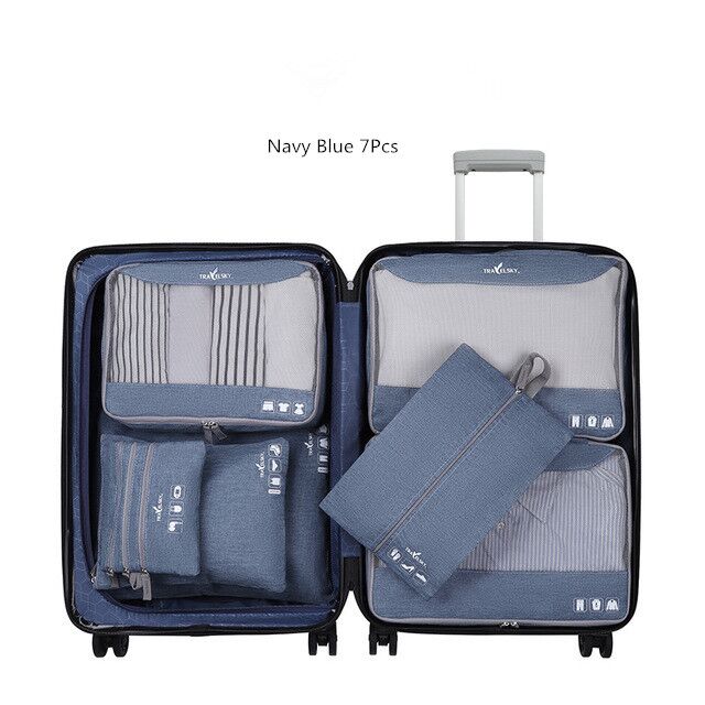 Portable Travel Bags Pouchs Set Storage Bag Suitcase Clothes Cosmetic Organizer Luggage Packing Laundry Accessories Supplies: Navy blue 7 Pcs