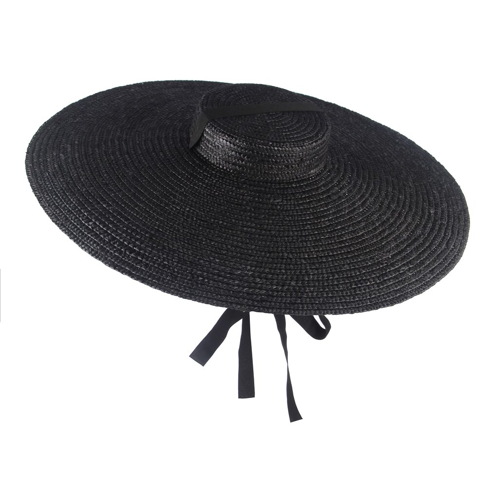 GEMVIE Black Wide Brim Chinese Hat Straw Hat Summer Hats For Women Ribbon Beach Cap Boater Fashionable Sun Hat With Chin Strap