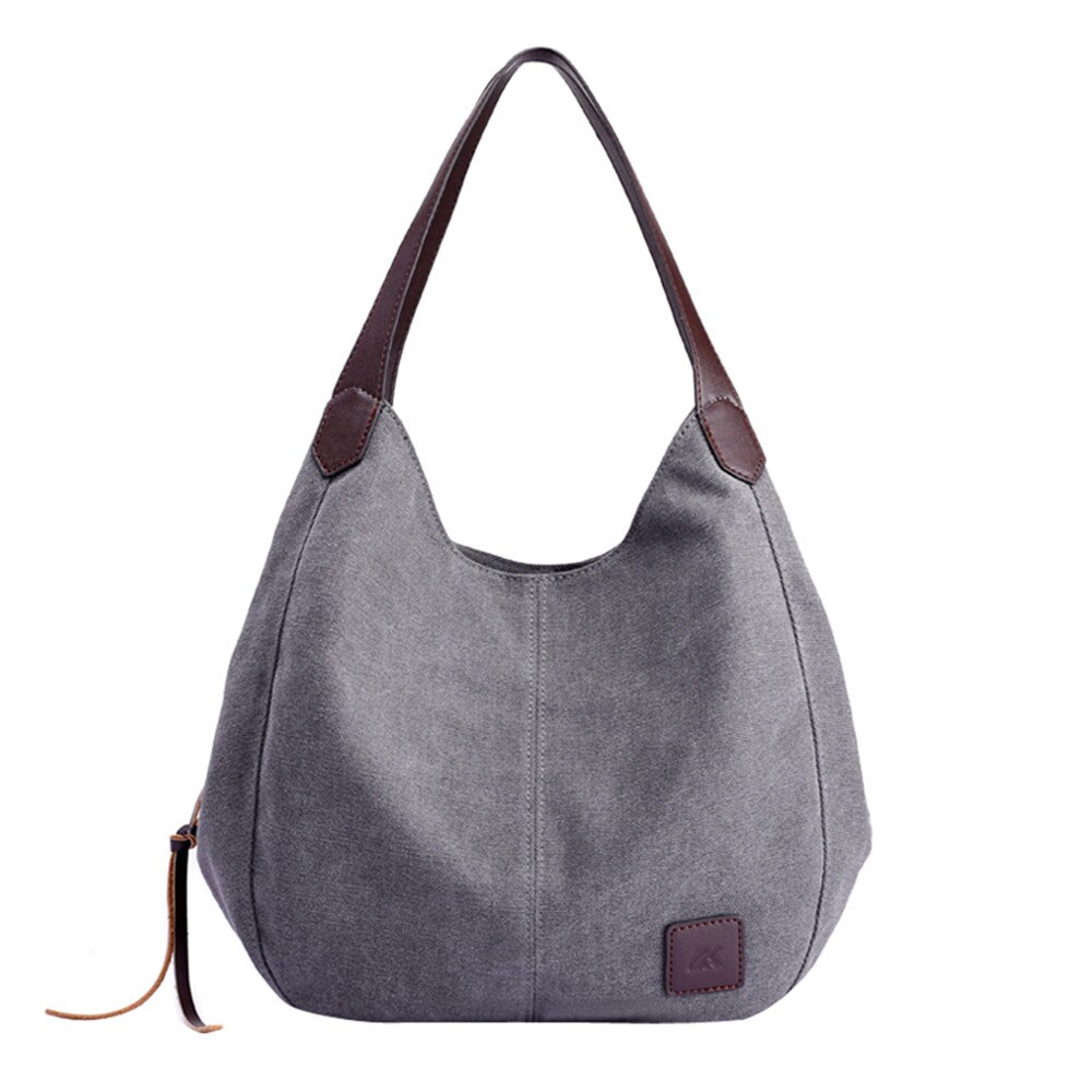 Brand Women's Canvas Handbags Female Hobos Single Shoulder Bags Vintage Solid Multi-pocket Ladies Totes #YL5: Gray