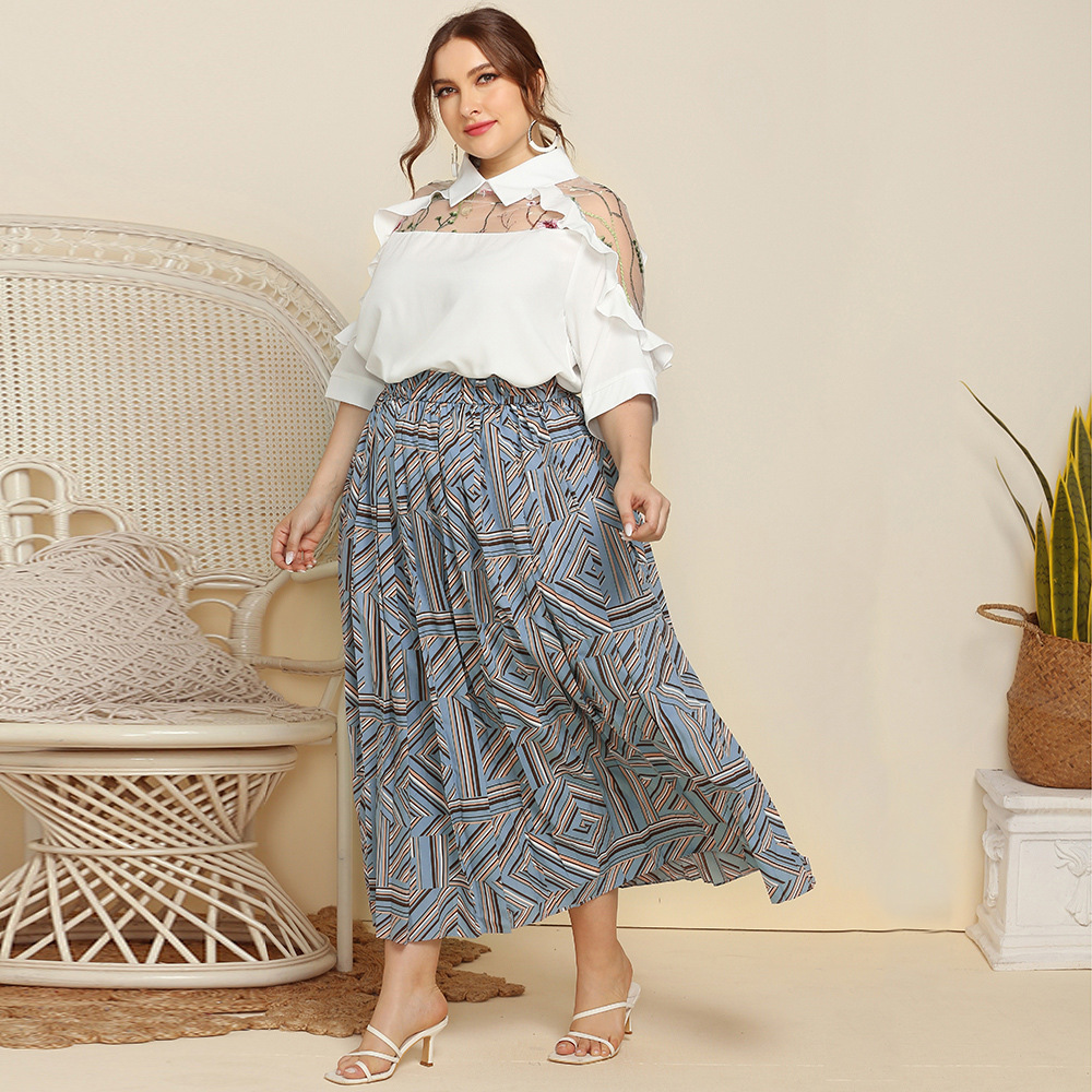 2024 Lente En Herfst Plus Size Dames Geometrische Print Plooirok Losse Lange Rok Jr119