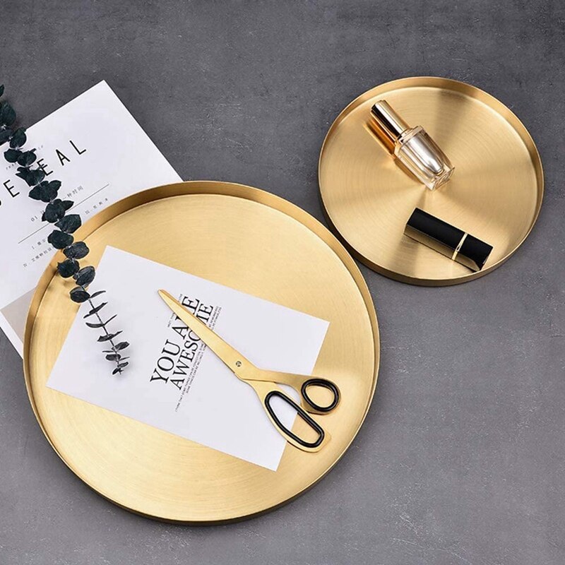 Bandeja redonda dorada para maquillaje, metálica decorativa, organizador para tocador, baño, vestido, acabado de latón mate