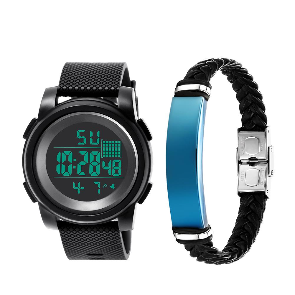 2Pcs Men Sports Waterproof Electronic Digital Luminous Wrist Watch + Bracelet