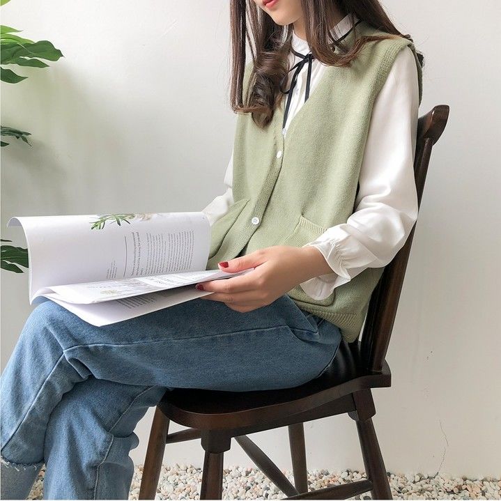 Sweater Vest Women Pocket Solid Simple Korean Knitted Open-stitch All-match Preppy Style Loose V-neck Sleeveless: green