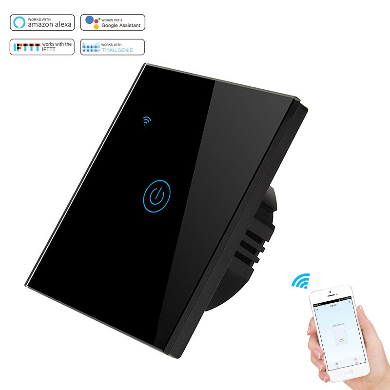 No Neutral Wire Smart WiFi Wall Light Switch Timer Wall Touch voice APP Remote Control 1/2/3 Gang for Alexa Google EU Style: Black 1 Gang