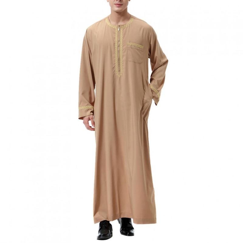 Mens Traditional Arab Thobe Middle Eastern Cultural Robe Round Neck Loose Fit Long Comfortable Islamic Clothing for Daily Wear