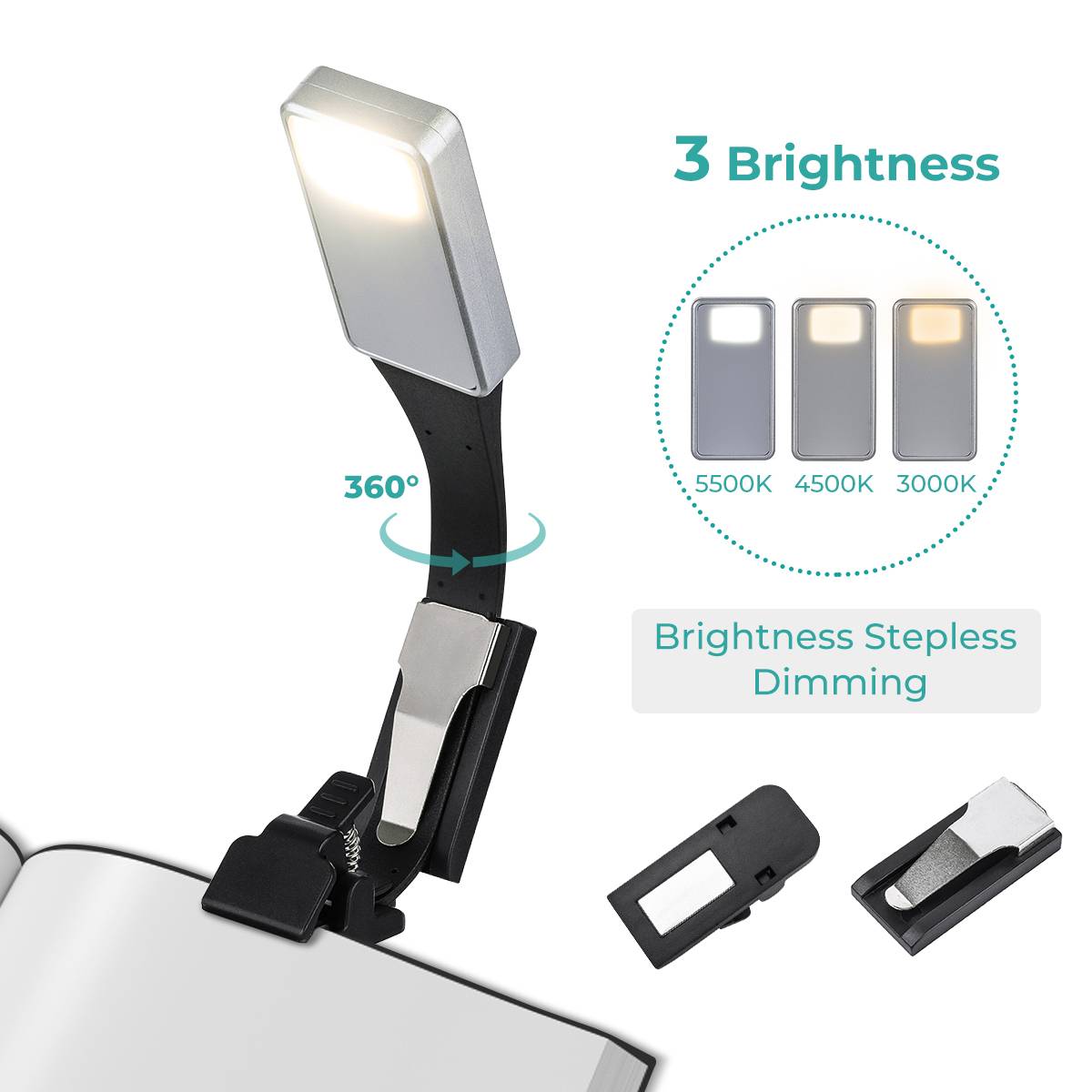 Lámpara de lectura para libros 360 Clip de lámpara de luz delgada iluminación blanca cálida Flexible de lectura electrónica de libro luz USB recargable para Kindle