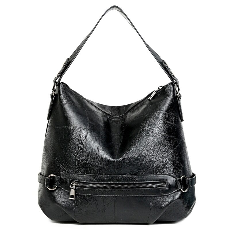 Grand sac fourre-tout noir pour femme avec fermeture éclair, sac à bandoulière multifonction de grande capacité, sacs à main en cuir, sacs hobo simples de couleur unie: Noir