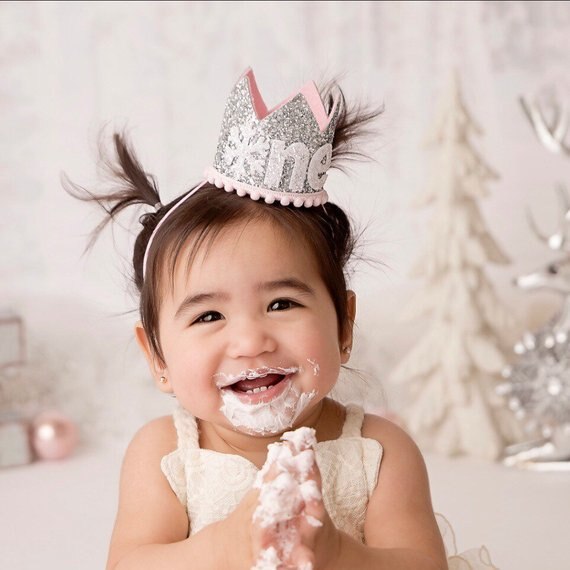 jeden rok stary brokat kapelusz płatek śniegu Korona dziewczynka pierwsze urodziny 1st ciasto Korona zima ONEderand