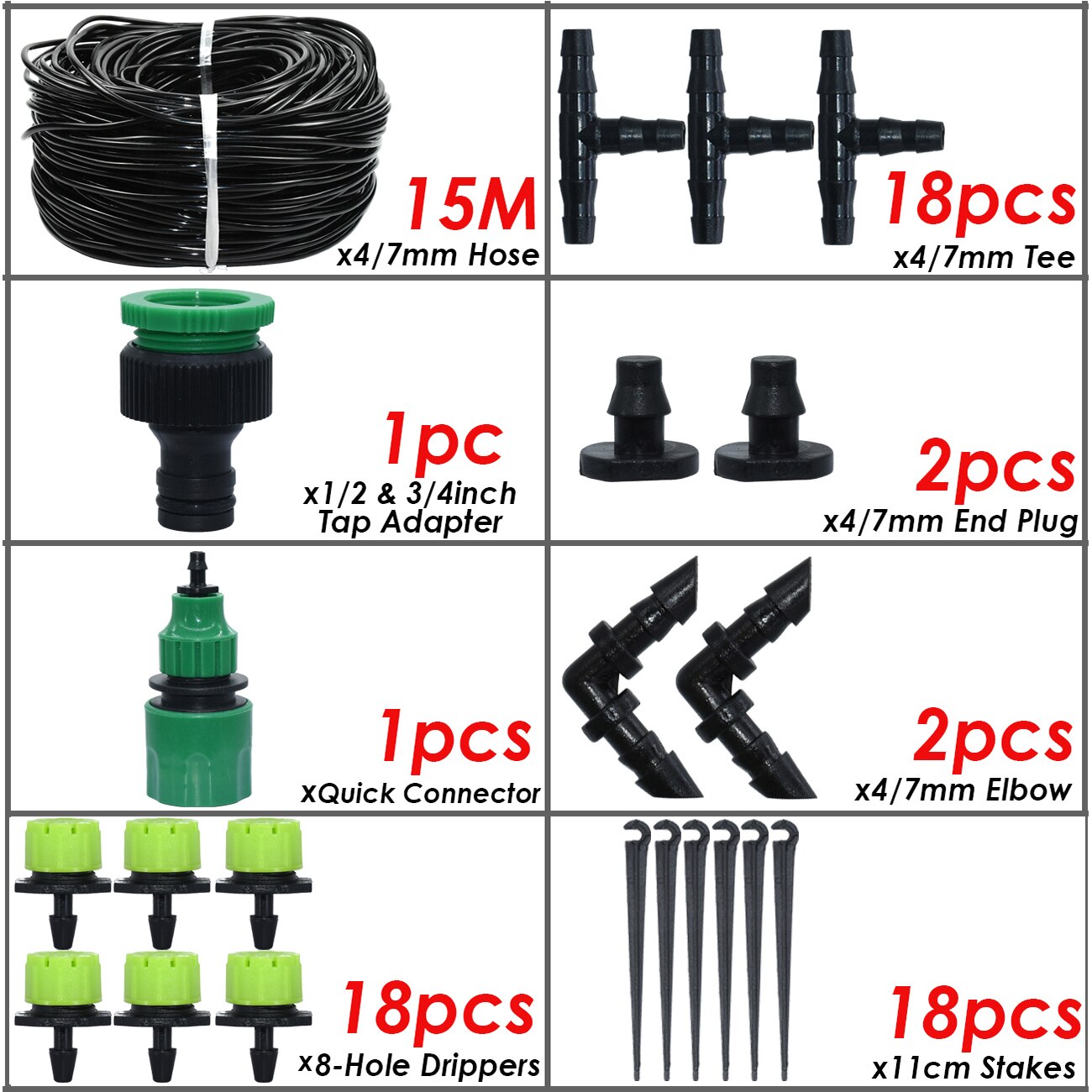 SPRYCLE 5-50M Automatic Garden Watering Adjustable Drip Irrigation System 1/4&#39;&#39; 4/7mm Hose Connectors for Pot Plants Greenhouse: SPL11-KIT16-15M