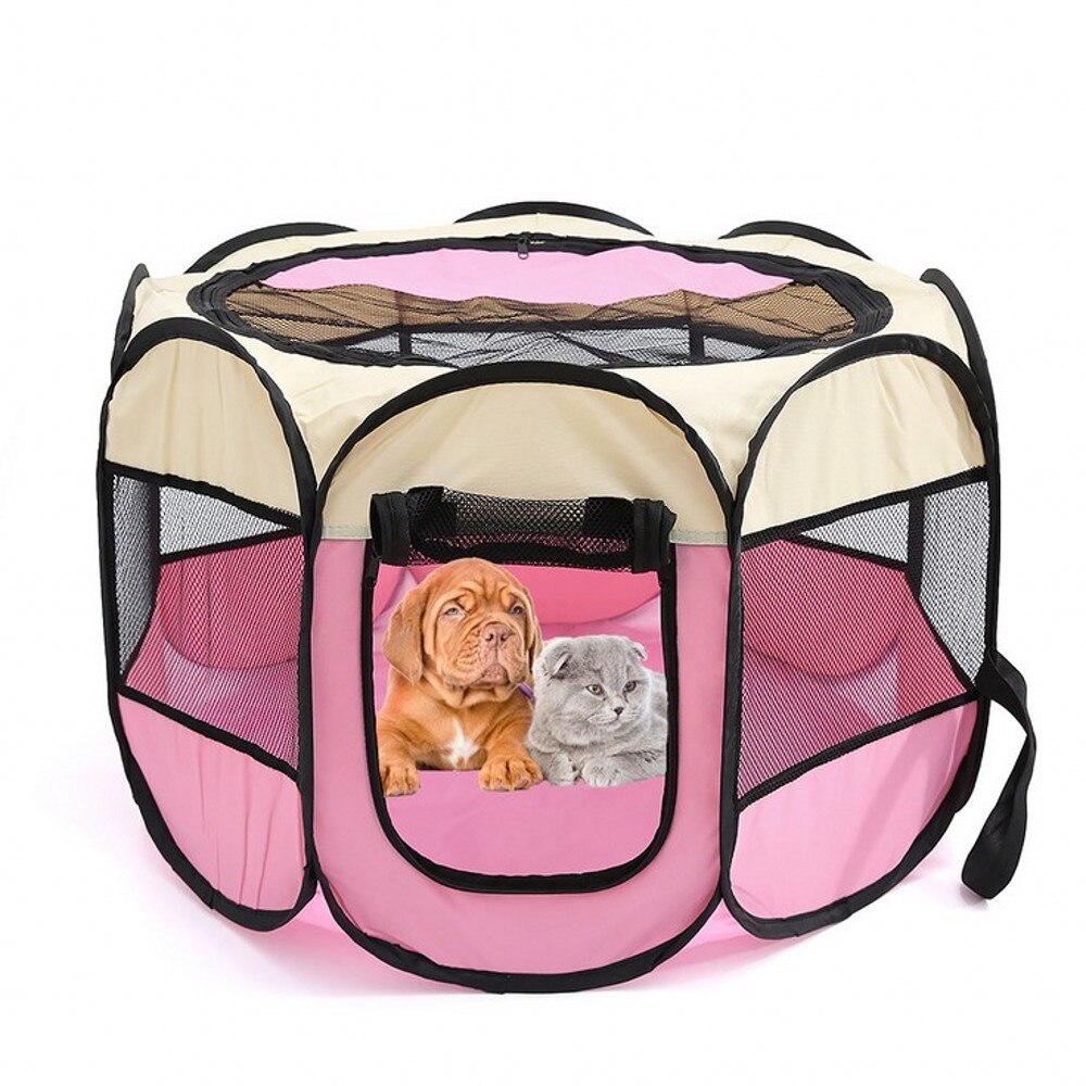 Portable Outdoor Dog Kennels Fences Pet Tent Folding Dog House Cage Dog Cat Tent Playpen Puppy Bed Waterproof Pet Fence: Beige Pink / 91x91x58cm