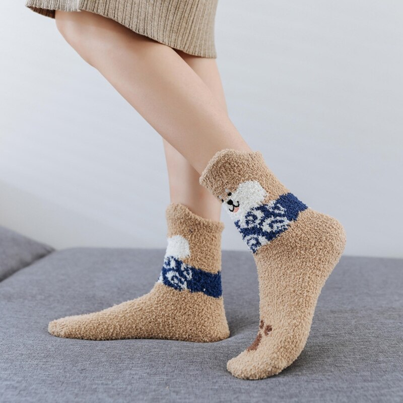 Femmes hiver microfibre floue pantoufle maison chaussettes mignon 3D oreilles chiot chien motif Kawaii épais confortable dormir bonneterie