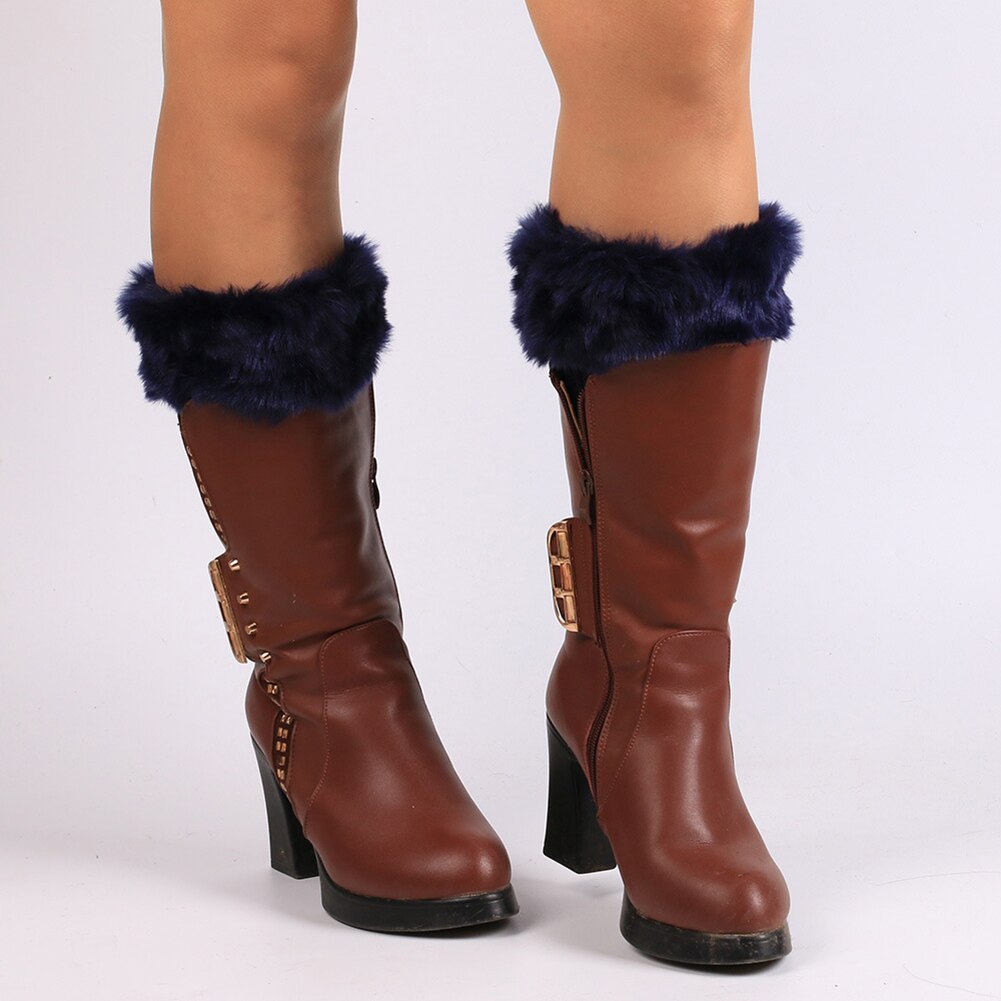 Winter Women Solid Color Faux Fur Cuff Crochet Knit Boots Sock Short Leg Warmers