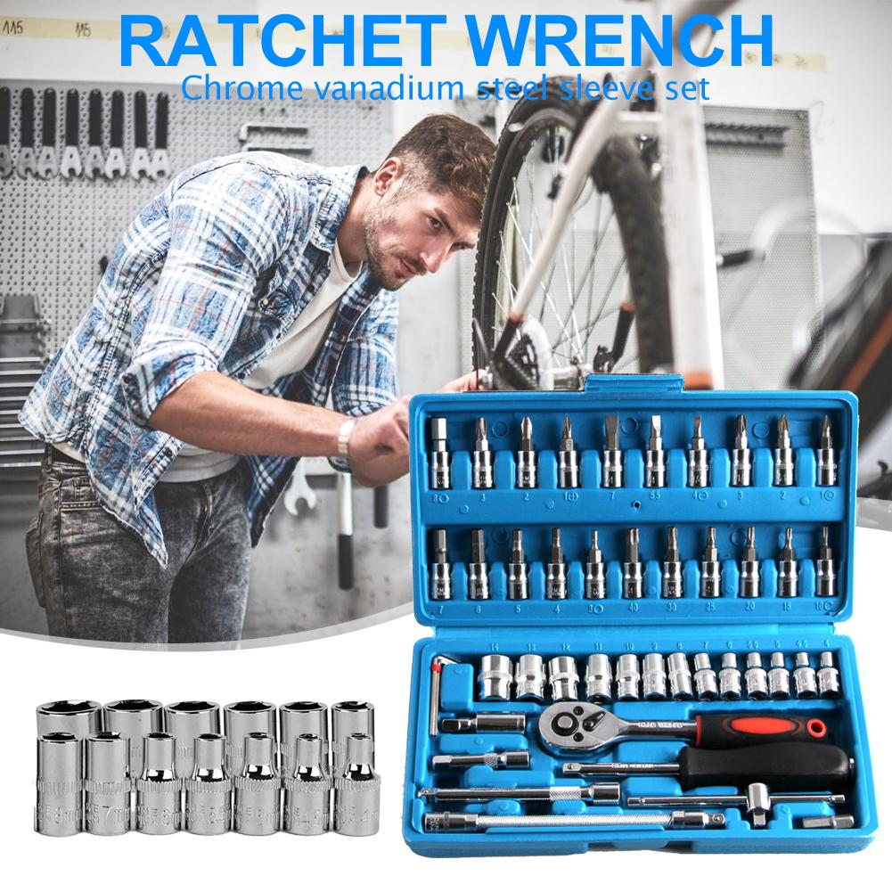 46pcs Socket Set Car Repair Tool Ratchet Spanner Wrench Set Pawl Socket Spanner Screwdriver Metalworking Tool Kit