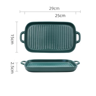 Nordic Ceramic Plate Rectangular Ceramic Plate with Handle Matte Satin Chassis Oven Baking Pan Western Roasted Wing Pan: green rect