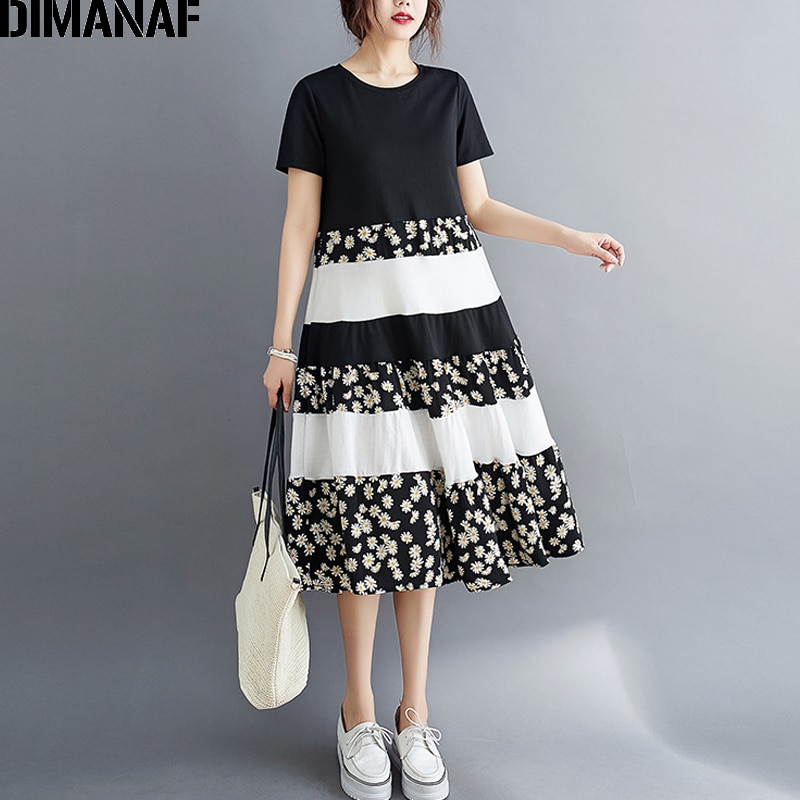 Dimanaf sommar plus size klänning damkläder solklänning löst tryck blommig veckad skarvad dam vestidos svart klänning