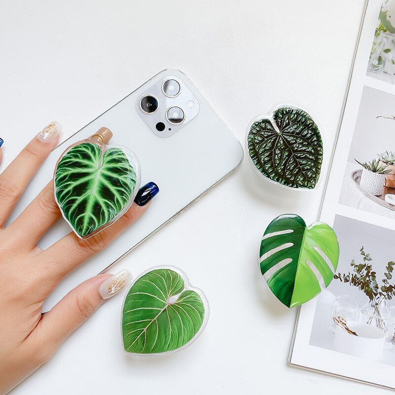 Cute Green Plants Leaves Universal Phone Holder Griptok Support For iPhone Grip Tok Folding Finger Stand Socket