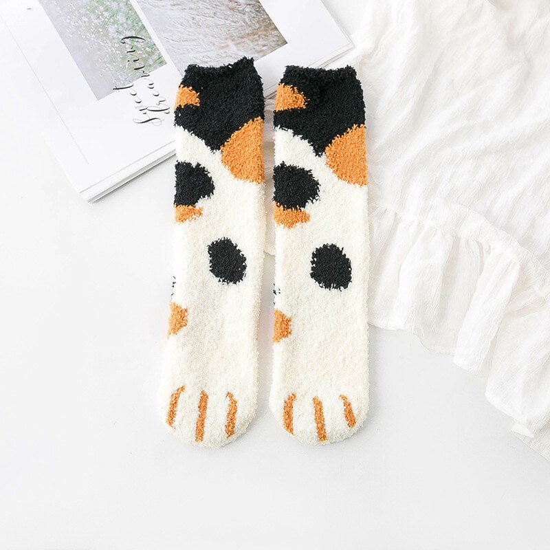 Calcetines de lana de Coral para mujer, medias de tubo Kawaii, con garras de gato, gruesos y cálidos para dormir, para otoño e invierno, 1 par, novedad: 2