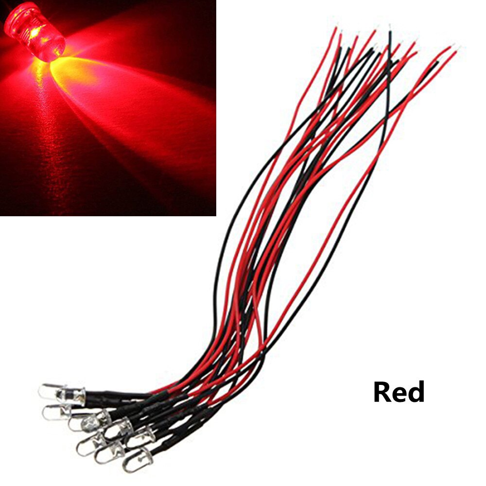 LED transparente con cable de 5mm, rojo, amarillo, azul, verde, blanco, 5V, 12V CC, 20CM, 10 Uds.: Rojo