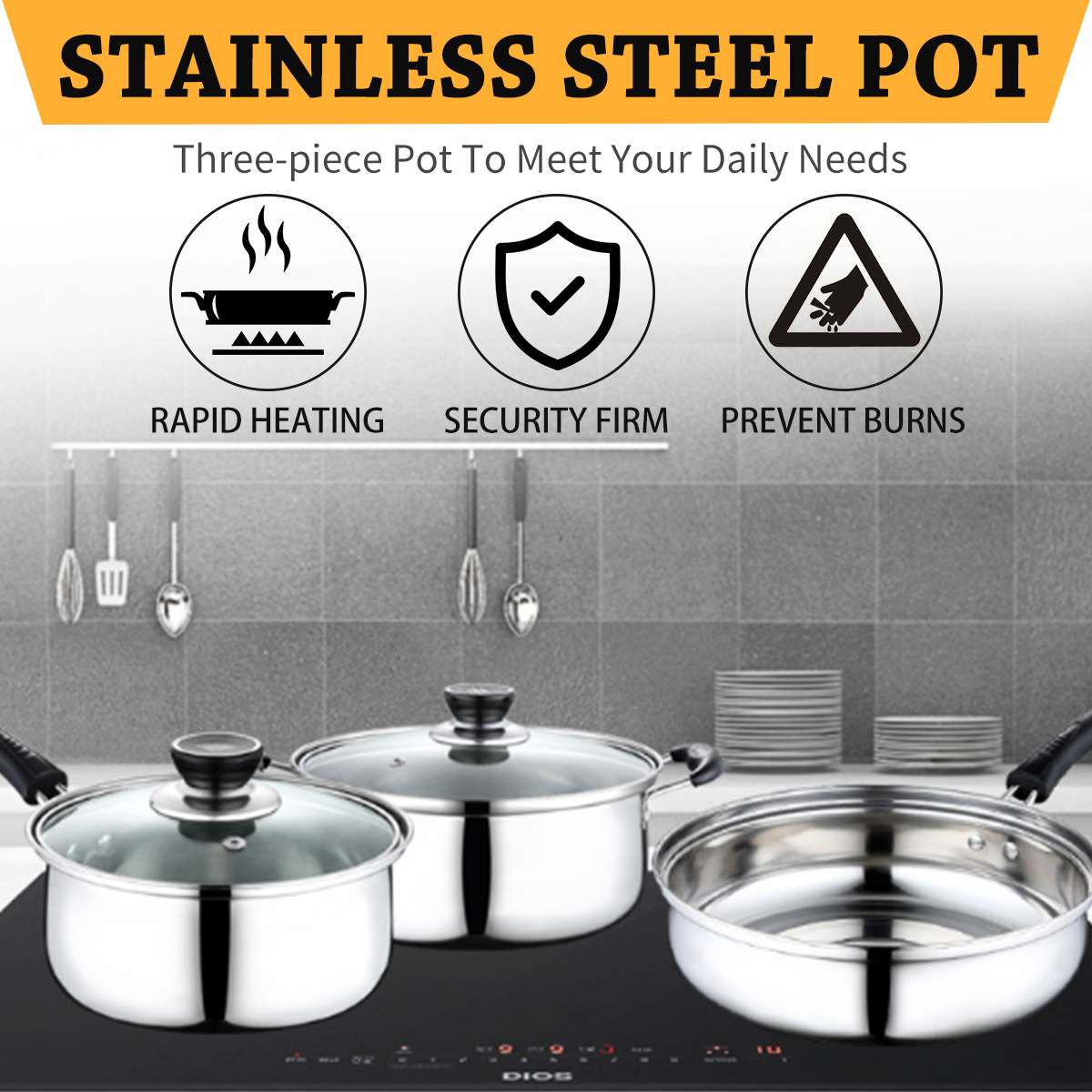 3pcs/set Stainless Steel pot Non-stick Soup Pot Frying Pan Milk Pot Thicken Saucepan With Glass Lid Induction Cooker Gas Stove
