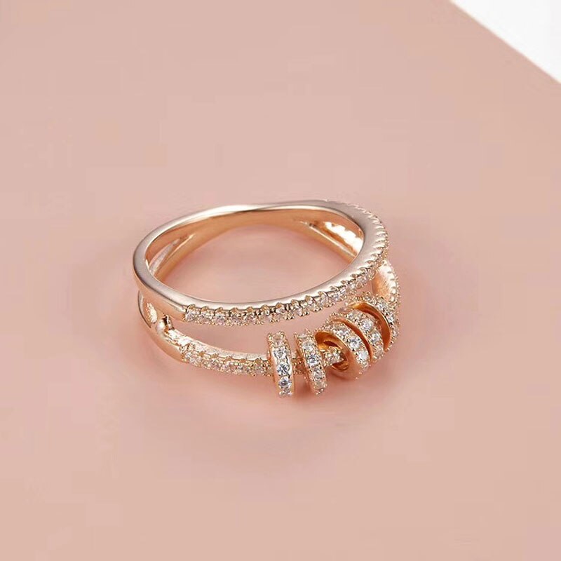 SLJELY Real 925 Sterling Silver Black Rose Gold Colors Double Circles Ring with Sliding Ring Zirconia Women Fine Jewelry