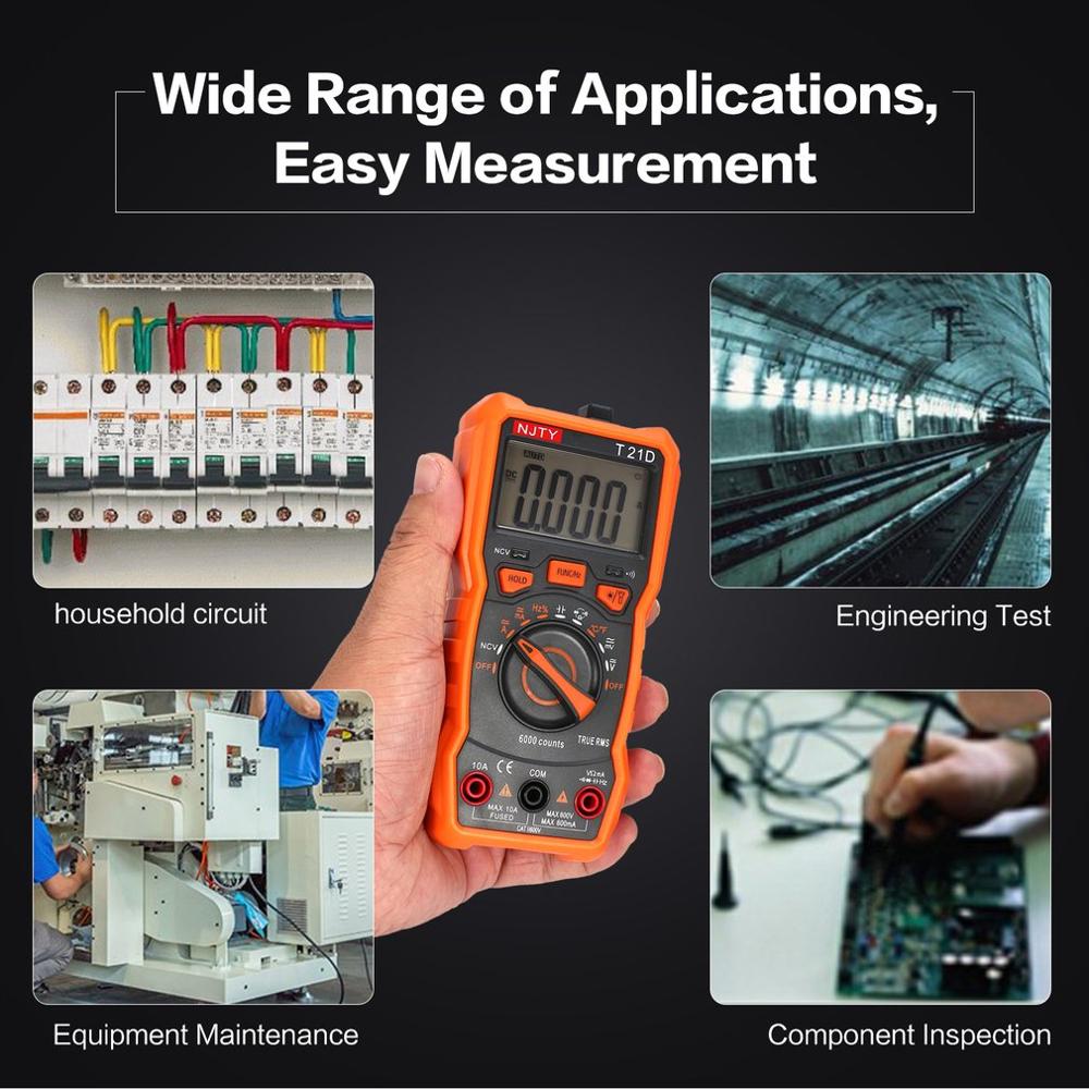 NJTY T21D NCV Digital Multimeter 6000 counts Auto Ranging AC/DC Voltage Current Meter Handheld Ammeter Ohm Diode NCV Tester