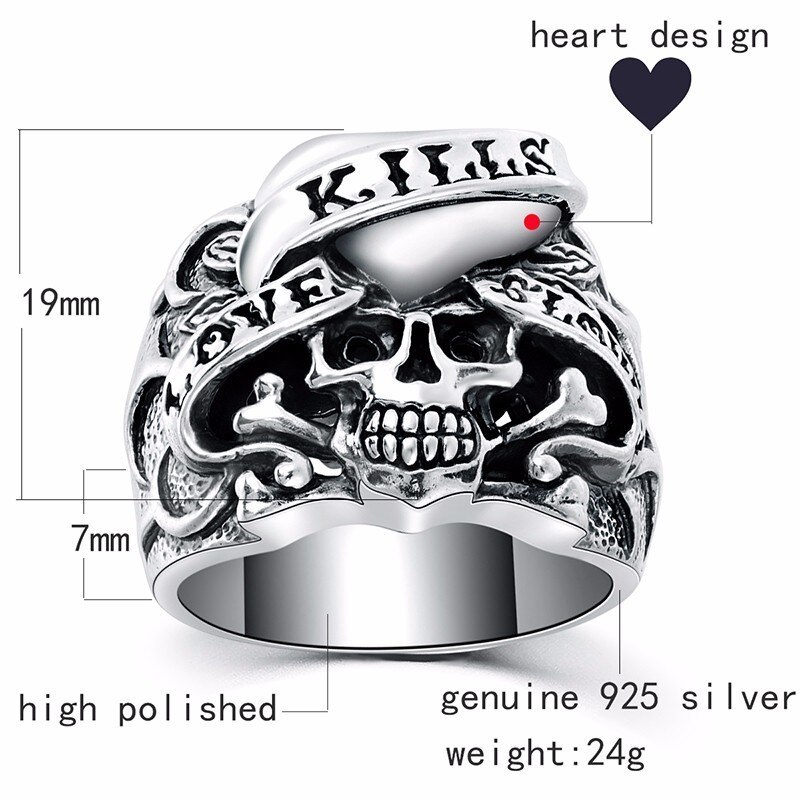 ZABRA 925 Argento Vintage Gothic Skull Anello Uomo Anelli Cuore Signet Retro Style Warcraft Grande Biker Gioielli In Argento Maschile