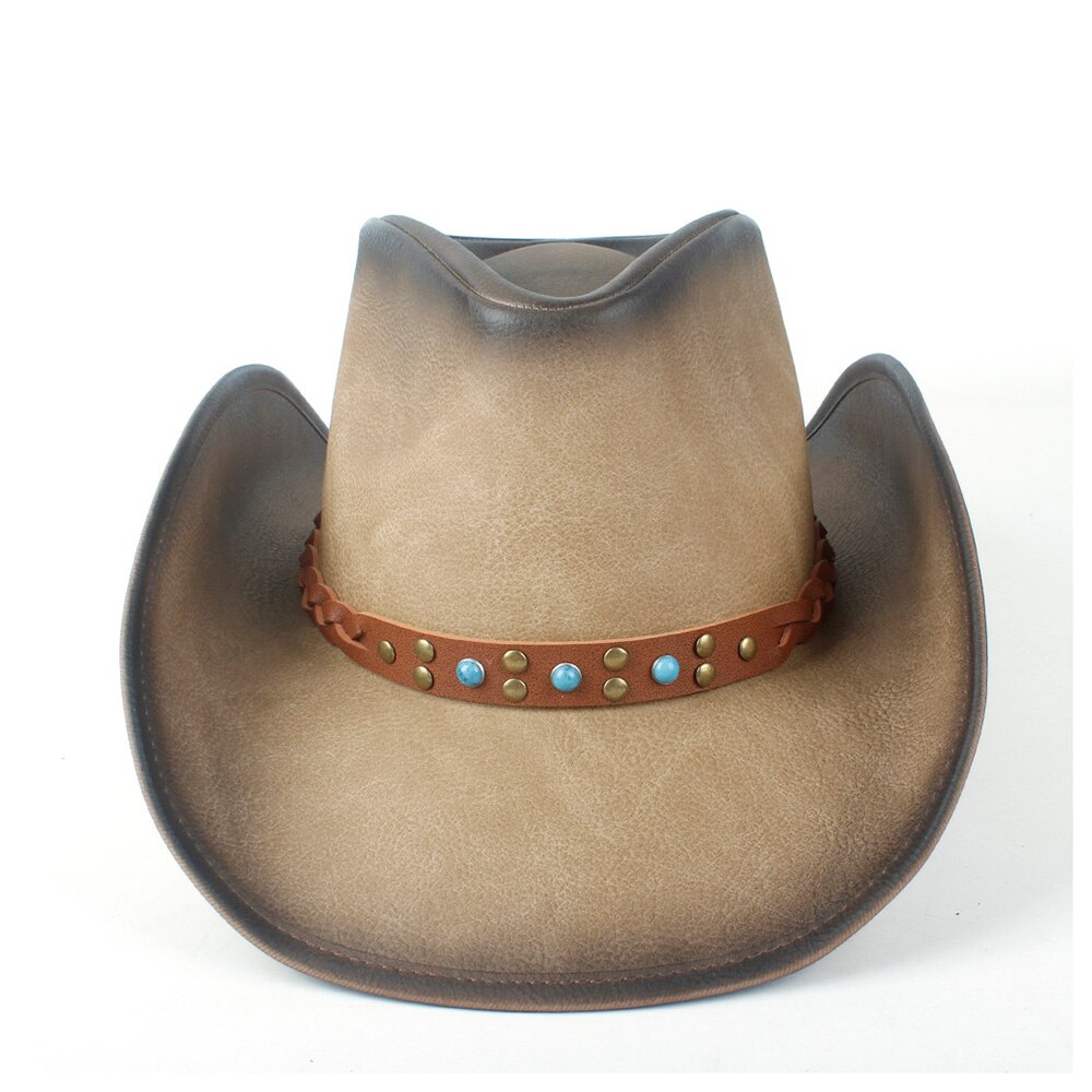 Retro Unisex Western Cowboy Wide Brim Hat With Punk Band Leather Sombrero Cowgirl Hat