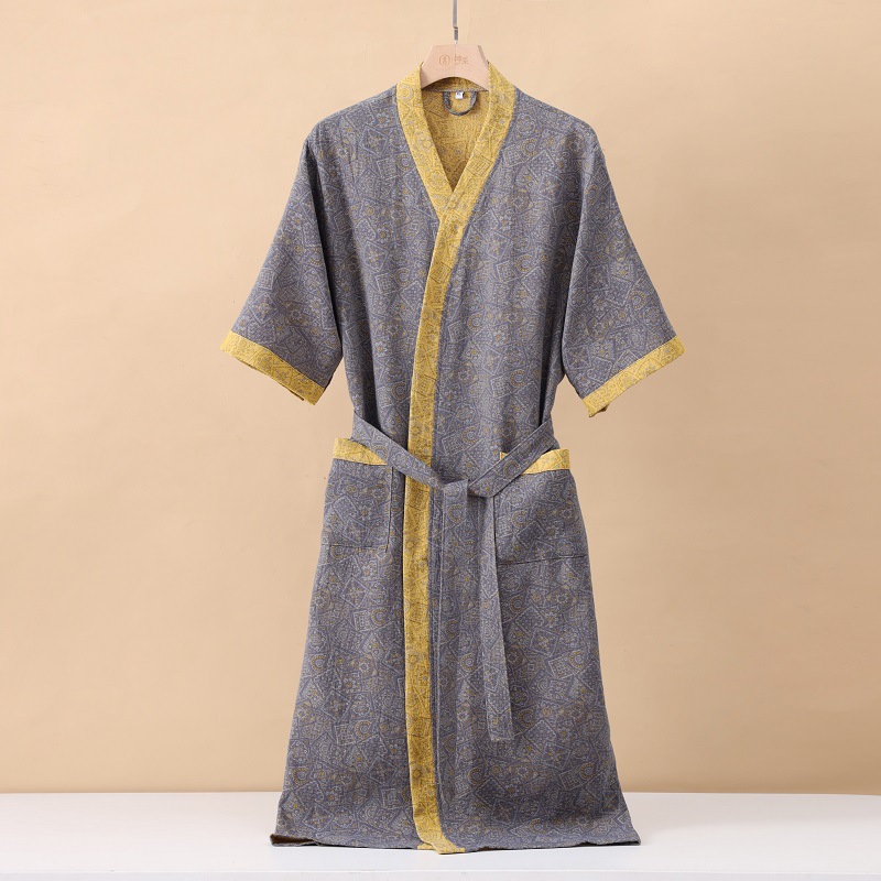 Modisch bedruckter Kimono-Bademantel aus Baumwolle mit halben Ärmeln für den Frühling und den Sommer: M / Grau