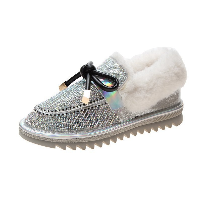 Glänsande kristallpärlor pälslägenheter kvinnor band bowtie plysch vinterskor antisladd strass ull päls mockasin kvinnor bomull loafers: Silver fluga / 9