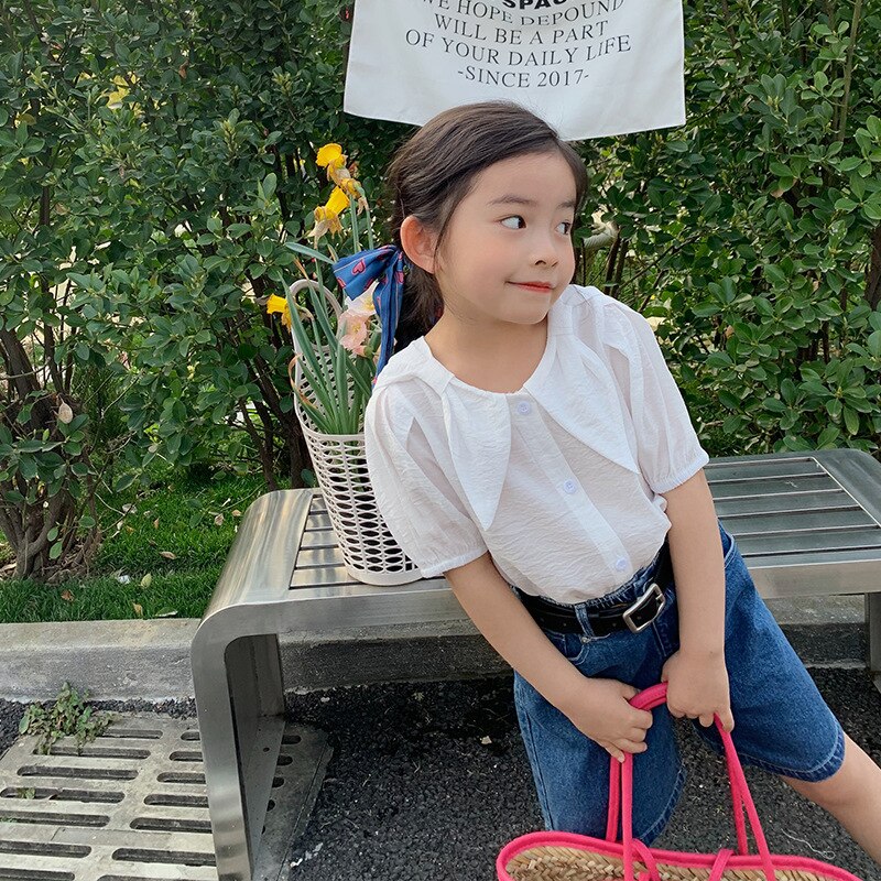 Camicie da bambina 2022 camicie da papillon coreane per bambini nuovi estivi top con risvolto bianco