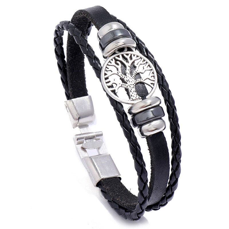 Multilayer Bracelet Men Casual Braided Leather Bracelet For Women Charm Life Tree Bracelet Punk Rock Men Jewelry: Black