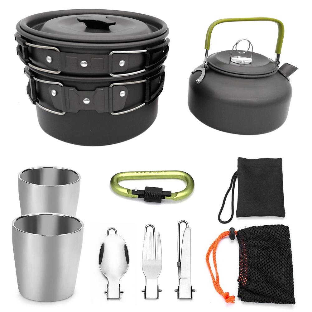 Portable Outdoor kitchen cooking pot Camping Hiking Picnic Teapot Pot Set Cookware Mess Kit Carabiner Camping Cookware Stove: A