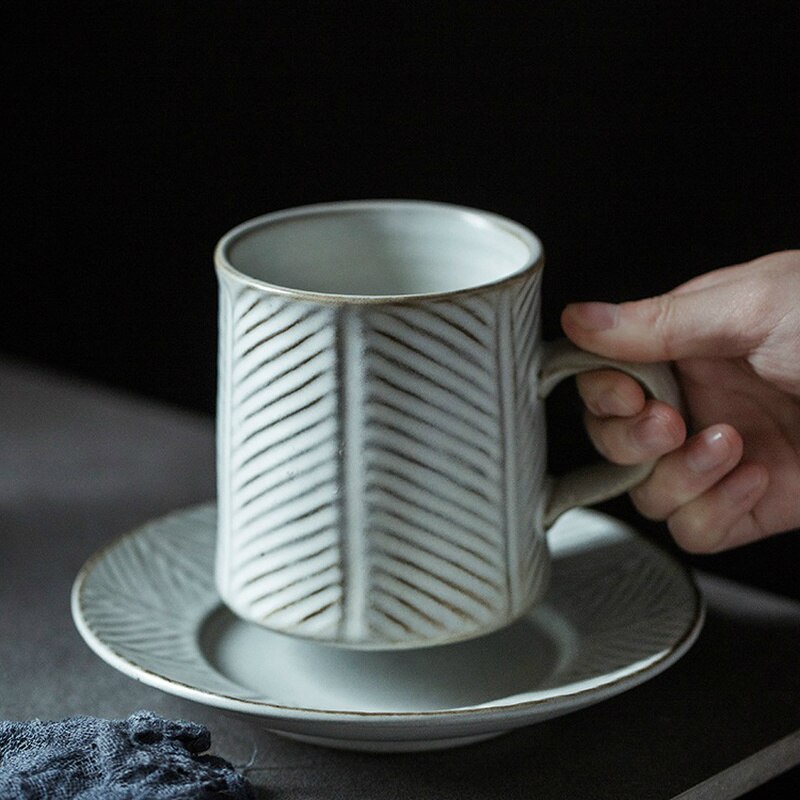 CHANSHOVA 225 to 350ml retro craft threaded ceramic coffee cup and saucer set porcelain threaded milk tea cup set H323