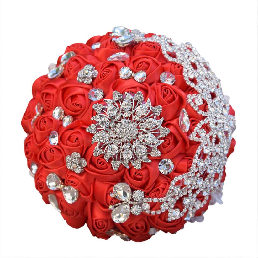 JaneVini Luxe Handgemaakte Satin Rose Bruidsboeketten Diamant Kristal Bruid Holding Bruiloft Bloemen Ramo Novia Flor Kunstmatige: Red White