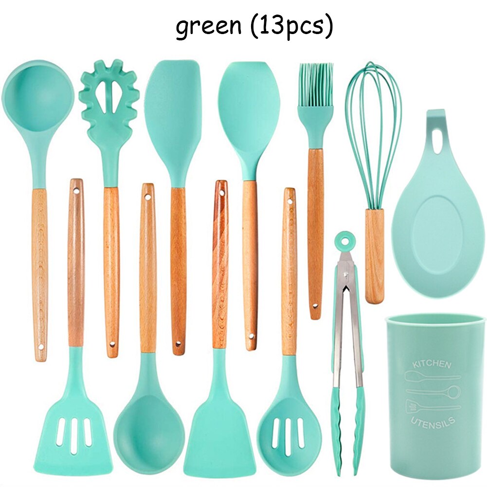 Silicone Kitchenware Cooking Utensils Set Heat Resistant Kitchen Non-Stick Cooking Utensils Baking Tools With Storage Box: green  13PCS