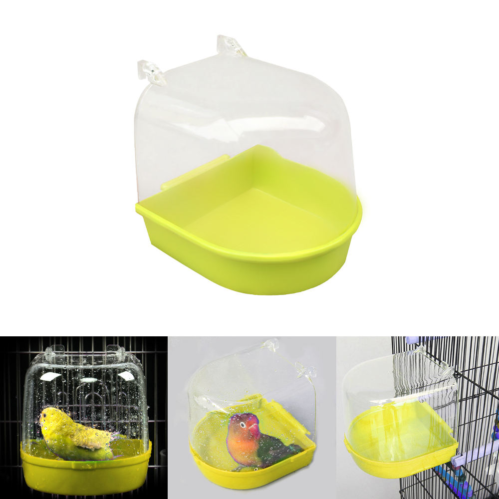 1pcs Bird Perch Shower Pet Bird Bath Cage Basin Parrot Bath Basin Parrot Shower Supplies With Mirror Food Bowl Birds Accessories: Yellow
