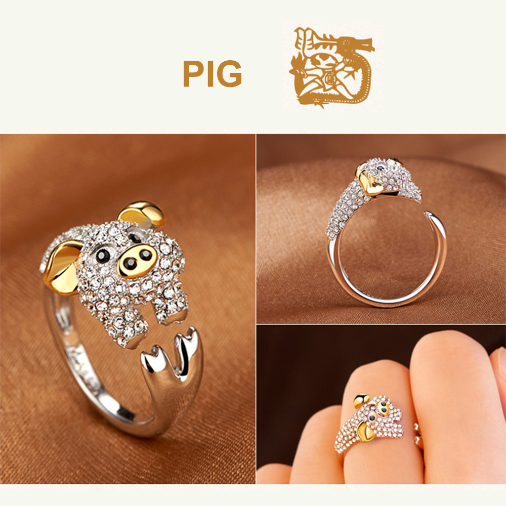 Koper Plated Crystal Mooie Hond Varken Konijn Aap Ingelegd Dier Ringen Vrouwen Meisje Opening Ring Wedding Party Sieraden: 12