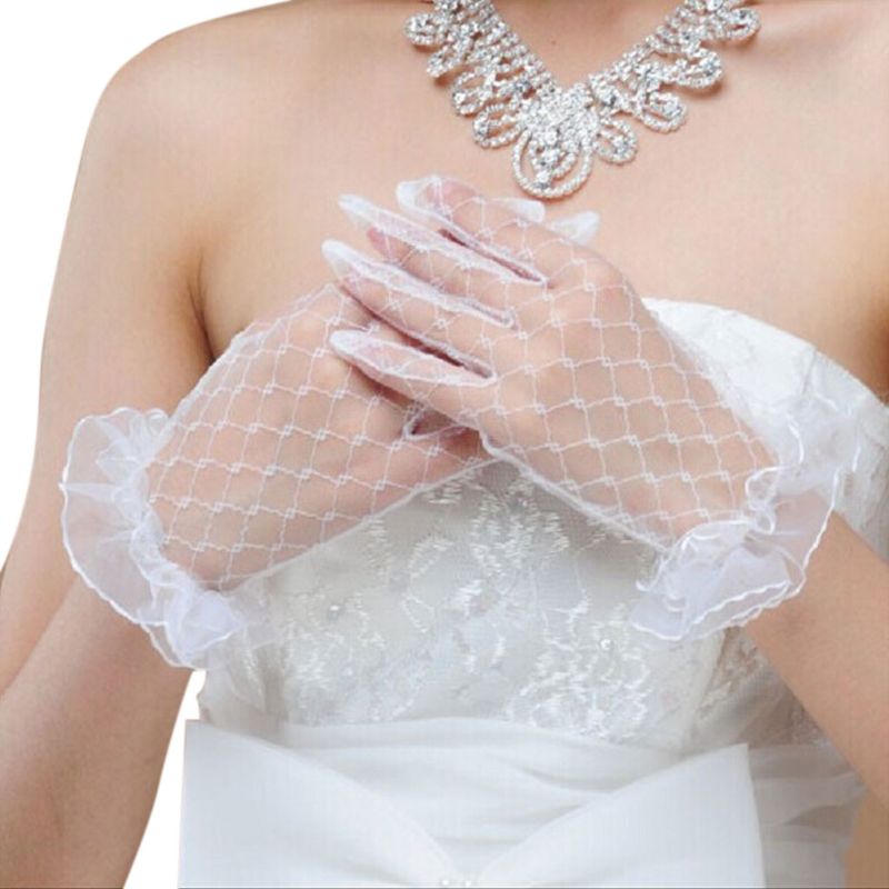 1 paire blanc mariée mariage gants courts plein doigt Transparent rhombique gaze à volants dentelle garniture poignet longueur mitaines fête