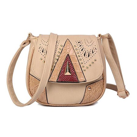 National stil kvinder messenger tasker vintage skuldertaske pu læder hule ud nitte damer crossbody taske håndtaske til kvinder: Beige