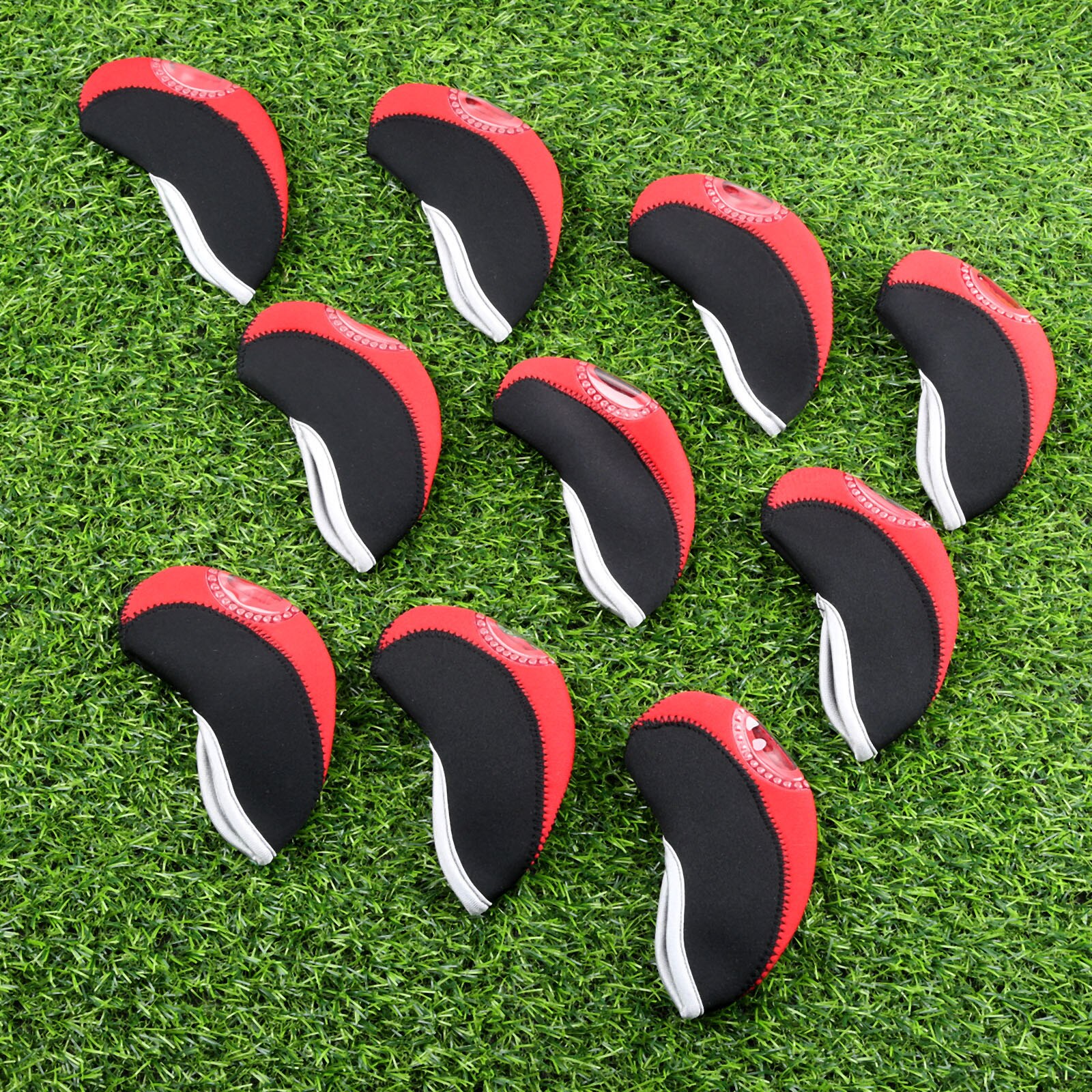 10Pcs coprisedili per mazze da Golf in Neoprene rosso Set copricapo protettivo in ferro con zeppa copricapo da Golf Club con Design trasparente della finestra