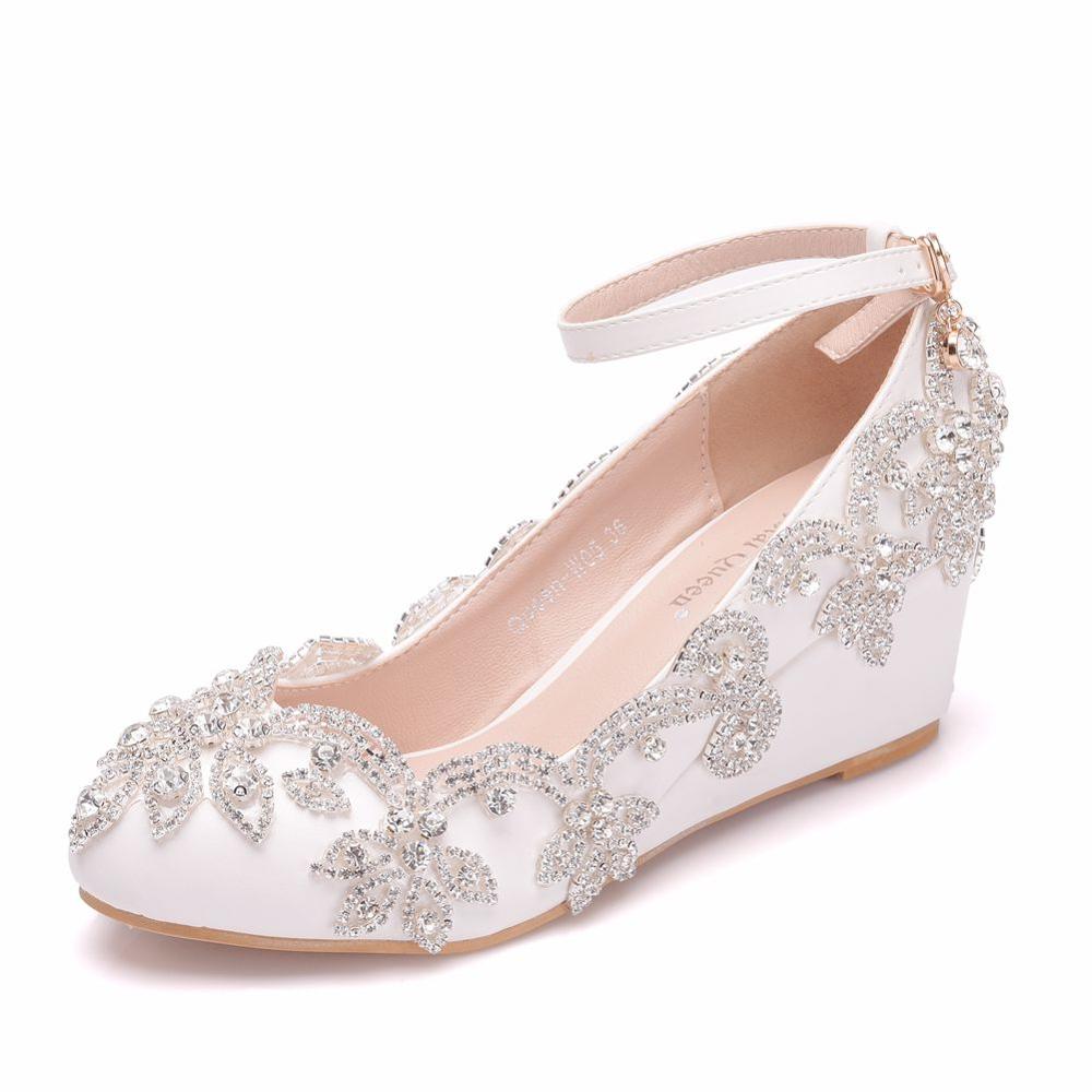 Krystal dronning bryllupssko brud høje hæle krystal pumper kiler aften fest kjole sko hæl stor størrelse 41: 34