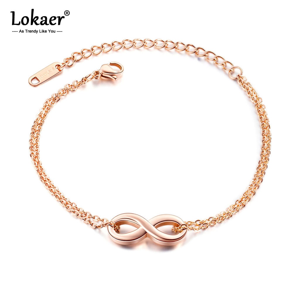 Lokaer titânio aço inoxidável infinito 8 palavra charme pulseiras para mulheres rosa ouro bohemia praia chain & link pulseira b17086