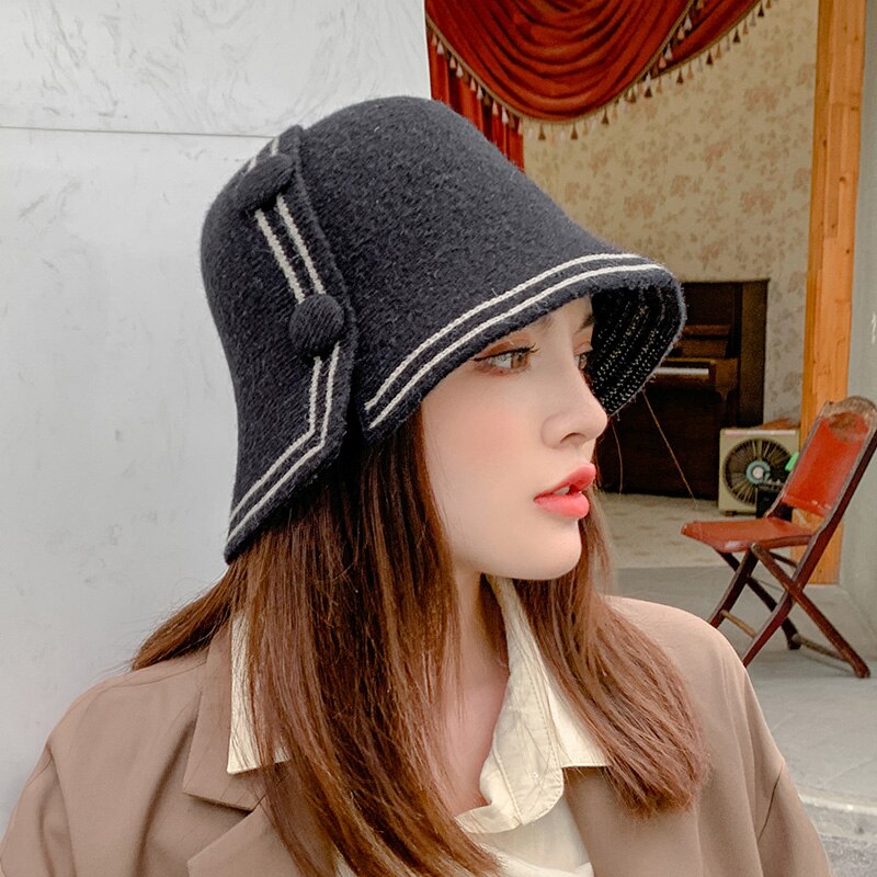 Chapéu de pescador feminino outono e inverno all-match bonito botão design moda aba larga bacia chapéu balde chapéu