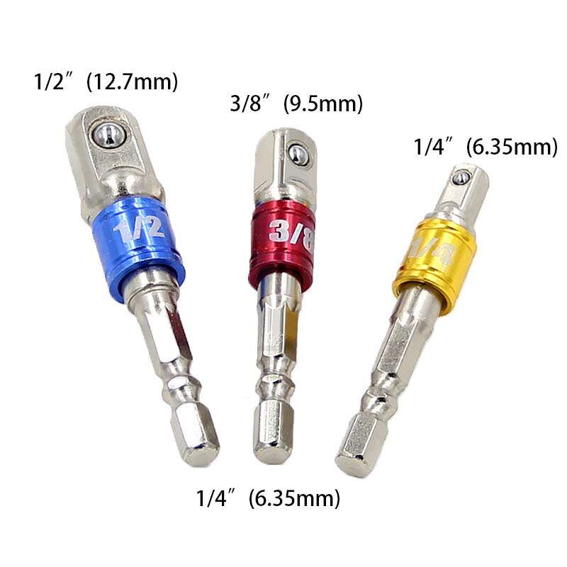 3 Pcs/Set Socket Bit Adapter Set Hex Shank To "1/4" 3/8" 1/2" Impact Drill Bit Driver Electrical Drilling Head Tools Accessories