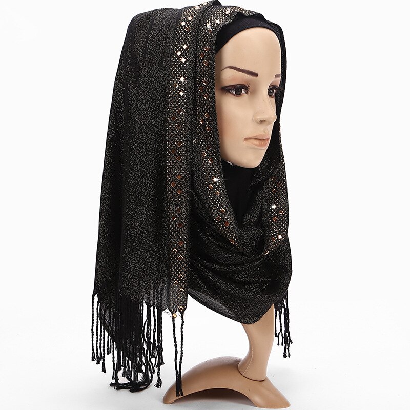 Enfärgad svart vit grön vanligt huvud hijab halsduk bandana dam diamant glitter lång viskos tofs fransar halsdukar