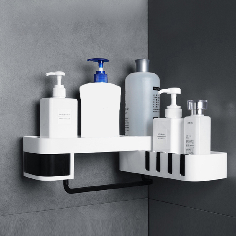 Hjørne badeværelseshylde drejelig vægmonteret shampoo brusehylder holder køkken opbevaringsstativ organisator badetilbehør: Sort