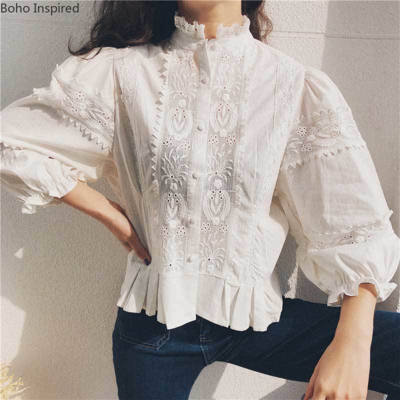 De inspiración Bohemia hueco encaje camisas de manga larga, blusa de las mujeres Floral bordado blanco Camisas de mujer BOHO camisa blusas