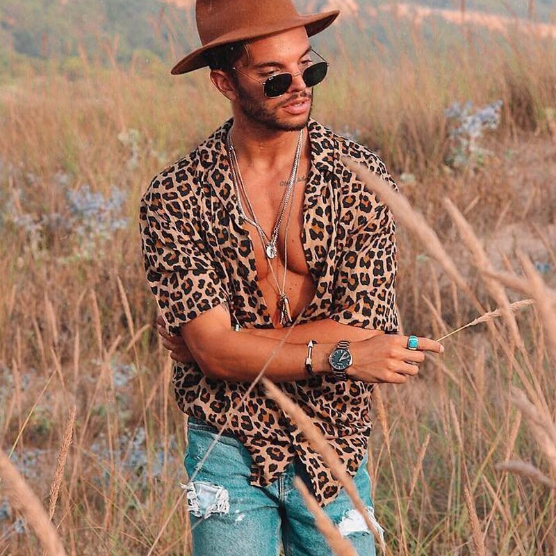 Mænd vintage leopard print skjorter sommer afslappet korte ærmer løse skjorter mand han skjorte toppe plus størrelse s -3xl
